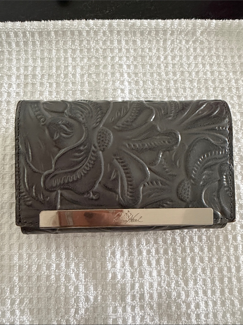 Patricia Nash Gray Floral Embossed Wallet with Silver Plate